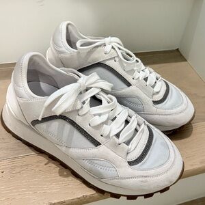 Brunello Cucinelli Monili-Trim Platform Lug-Sole sneakers in white suede&mesh.